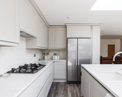 new kitchen, shaker painted cabinet doors and appliance integration