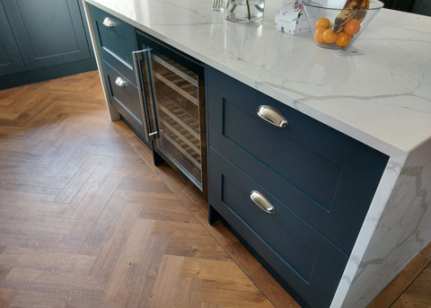 new kitchen installation, blue cabinet doors