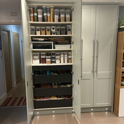 new kitchen, sage green cabinet doors